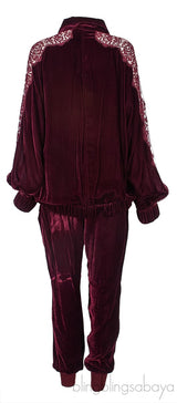 Burgundy Lace Trim Velvet Jacket & Jogger Set
