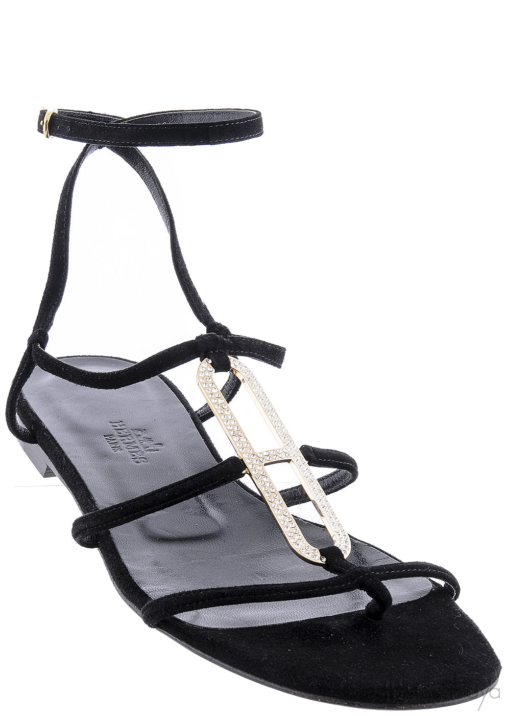Black Suede Strass Flat Sandals