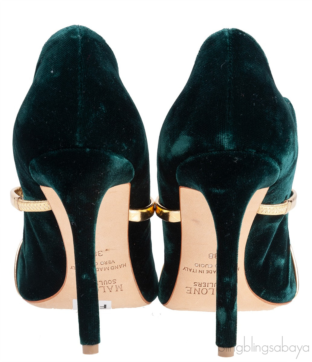 Maureen Emerald Velvet Gold Leather Trimmed Heels