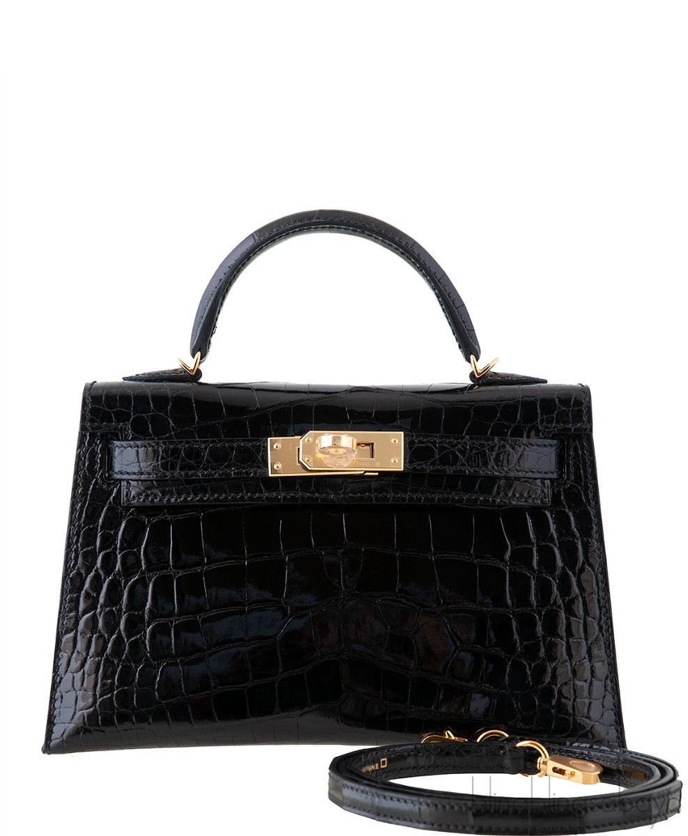 Kelly 20 Black Mini Sellier Crocodile Lisse GHW