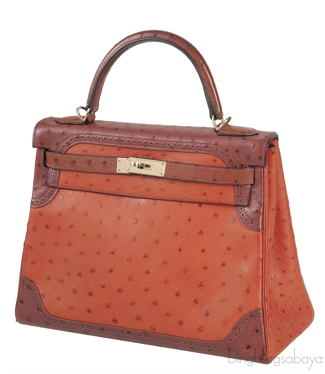 Kelly 32 Ghillies Rouge H Sunset and Brique Ostrich Bag
