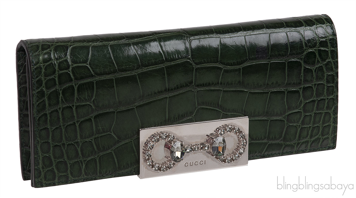 Crystal Embellished Horsebit Green Crocodile Mini Clutch