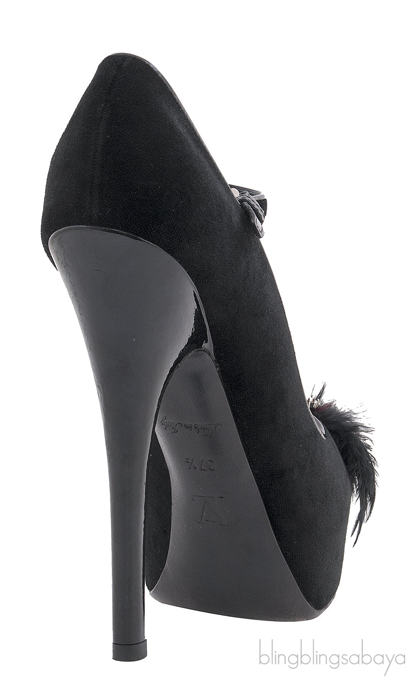 Black Velvet Crystal/Feather Heels