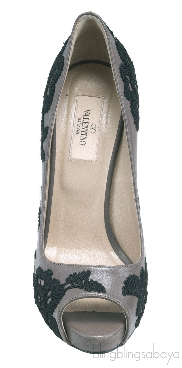 Lace Embroidered Leather Peep Toe