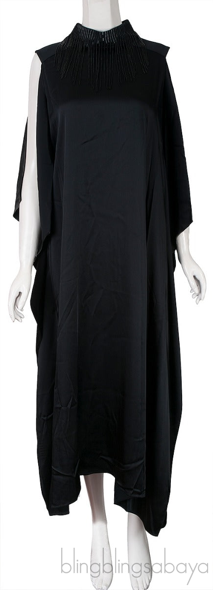 Black Satin Fringed Dress
