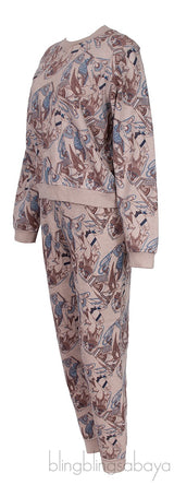 Light Brown Printed Cotton Blend Sweatshirt and Jogger