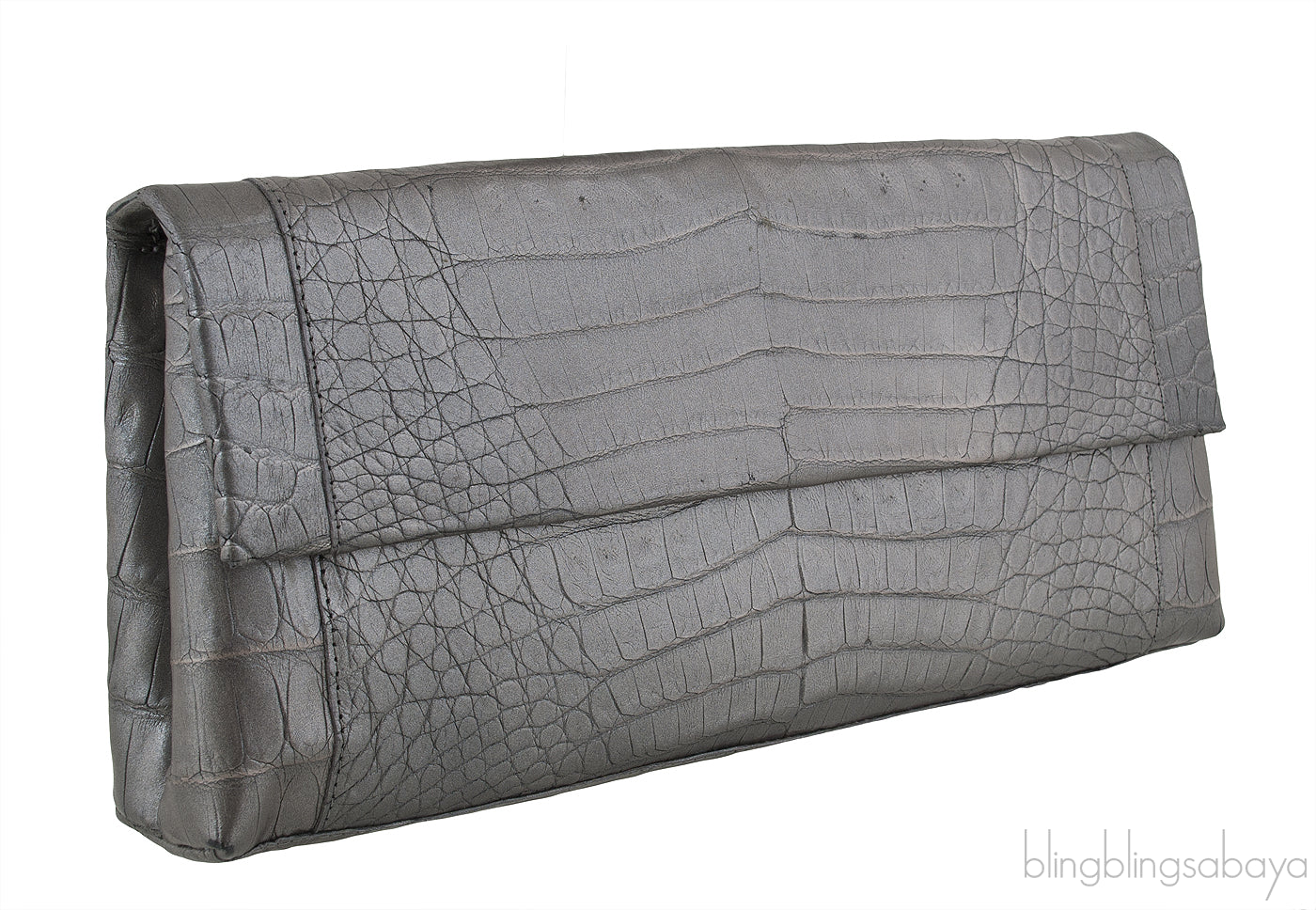 Nancy Gonzalez Grey Fold-Over Crocodile Clutch