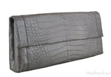 Nancy Gonzalez Grey Fold-Over Crocodile Clutch
