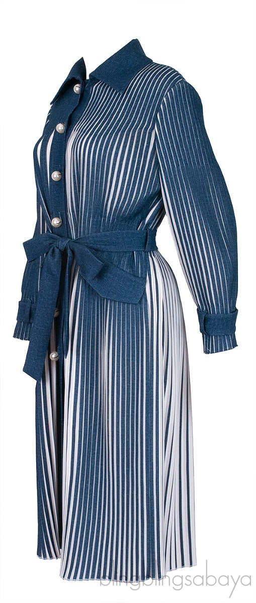 Blue & White Pleated Belted Midi Dress