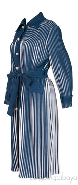 Blue & White Pleated Belted Midi Dress