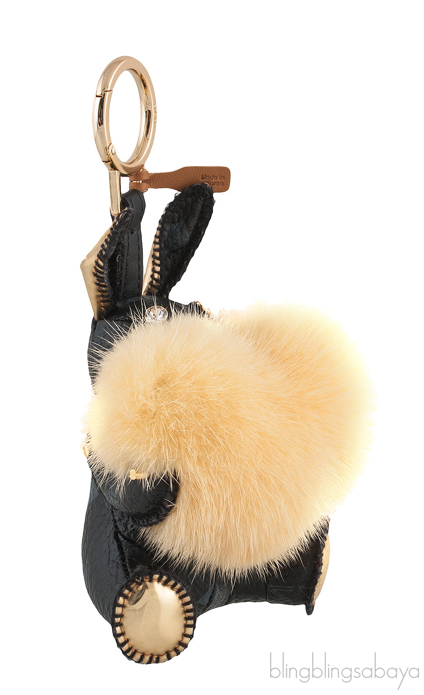 MCM Black Printed Rabbit Heart Fur Charm