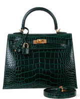 Kelly 25 Sellier Vert Fonce Patent Crocodile GHW