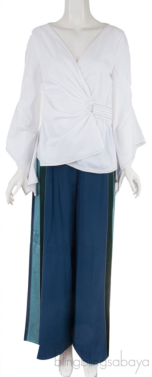 White Wrap Top & Blue Wide Leg Pants