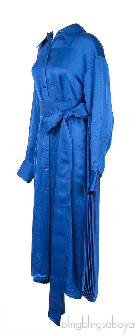Blue Belted Pleated Satin Shirt Dress