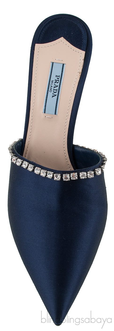 Navy Blue Crystal Trim Slide Sandals