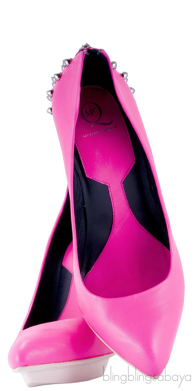 Pink Studded Neon Leather Pumps