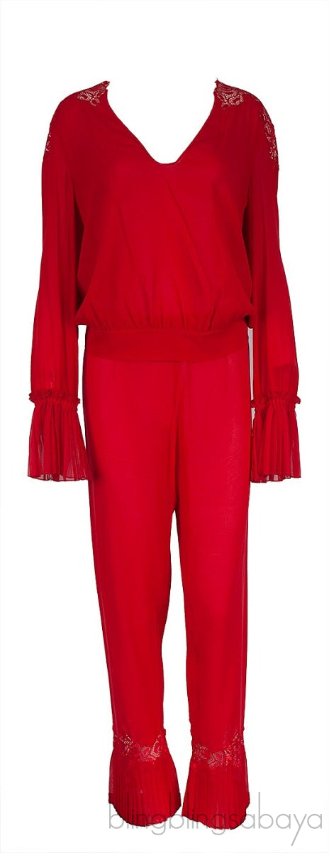 La Perla Red Pleated Trim Silk Pajama Set