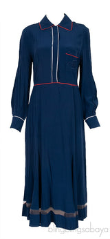 Blue Contrasting Trim Long Sleeve Dress