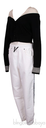 Mesh and Crystal Embellished Knitted Crop Top & White Denim Trouser