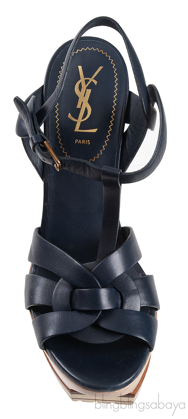 Yves Saint Laurent Blue Leather & Wood Heels Tribute