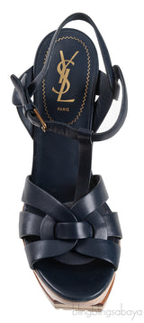 Yves Saint Laurent Blue Leather & Wood Heels Tribute
