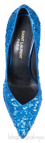 Blue Sequined Pointed Toe Heels