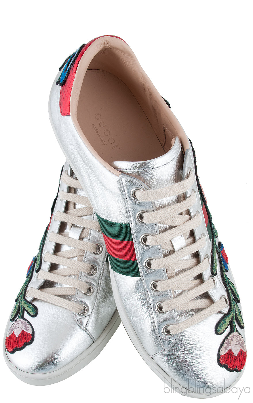 Floral Patch Silver Metallic Sneakers