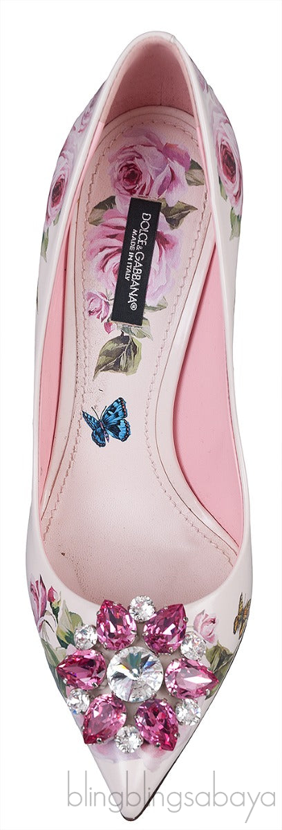 Jeweled Floral Print Leather Heels