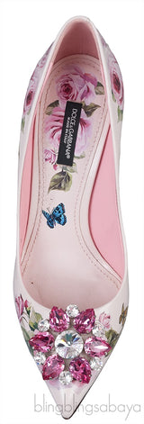 Jeweled Floral Print Leather Heels