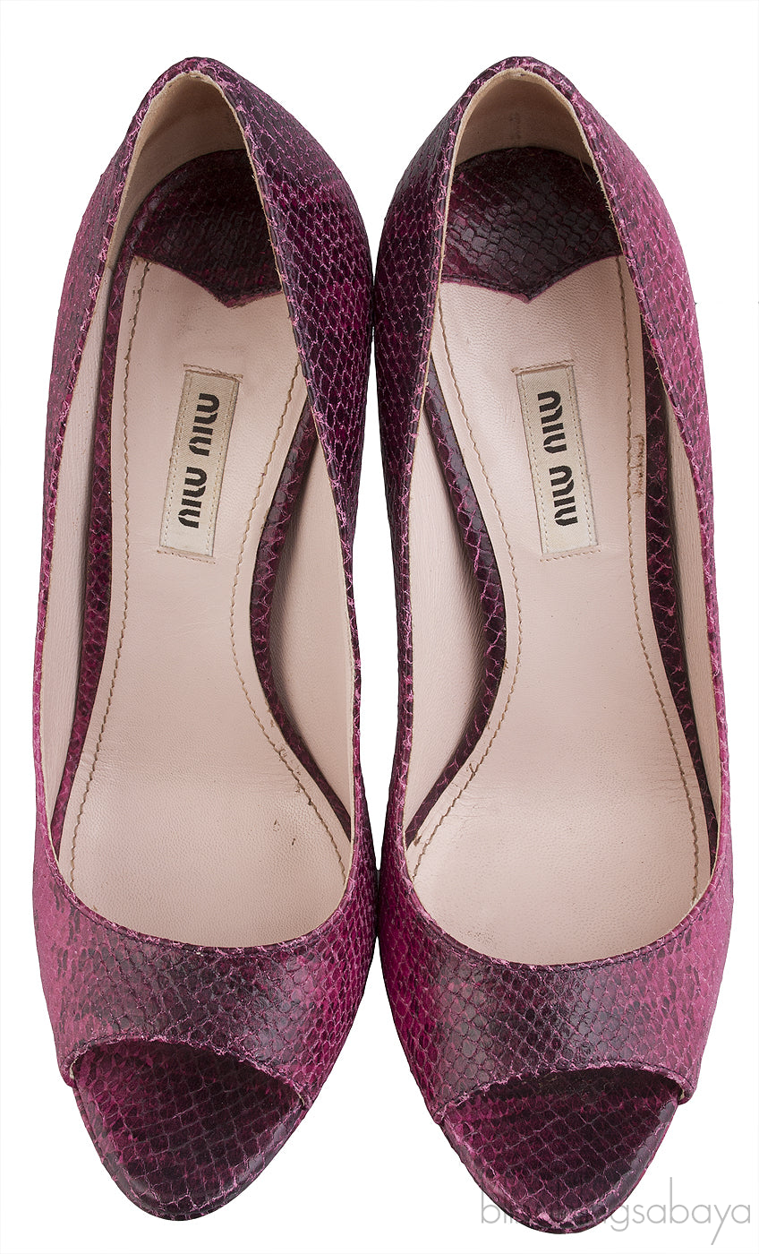 Magenta Snakeskin Peep Toe Pump