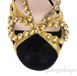 Black/Gold Velvet Nappa Crystal Zephyra Slingback Heels
