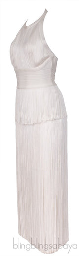 White Halter Neck Fringed Dress