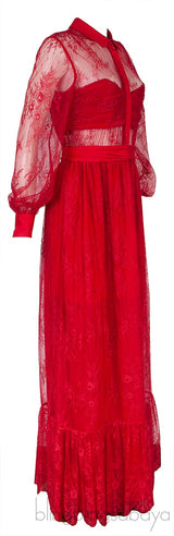 Red Fine Floral-Lace Maxi Dress