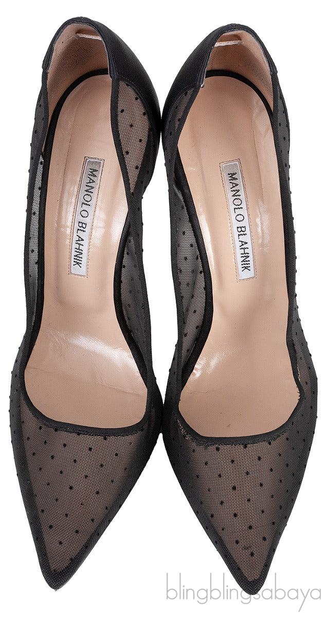 Black Mesh Polkadot Pointed Toe Heels