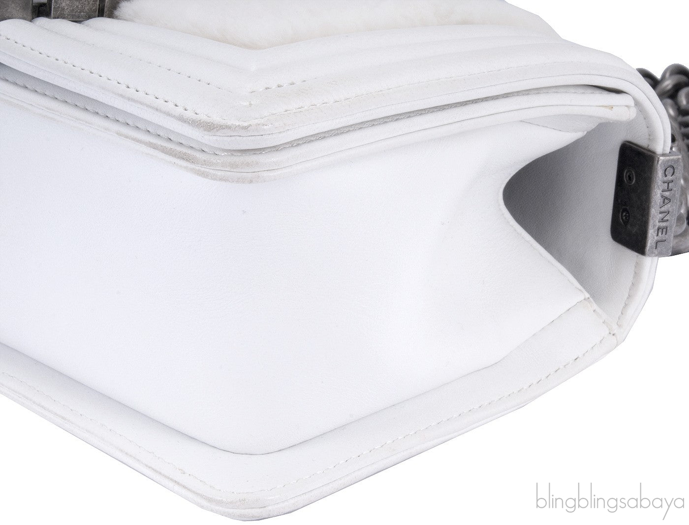 Small Le Boy White Fur Flap Bag
