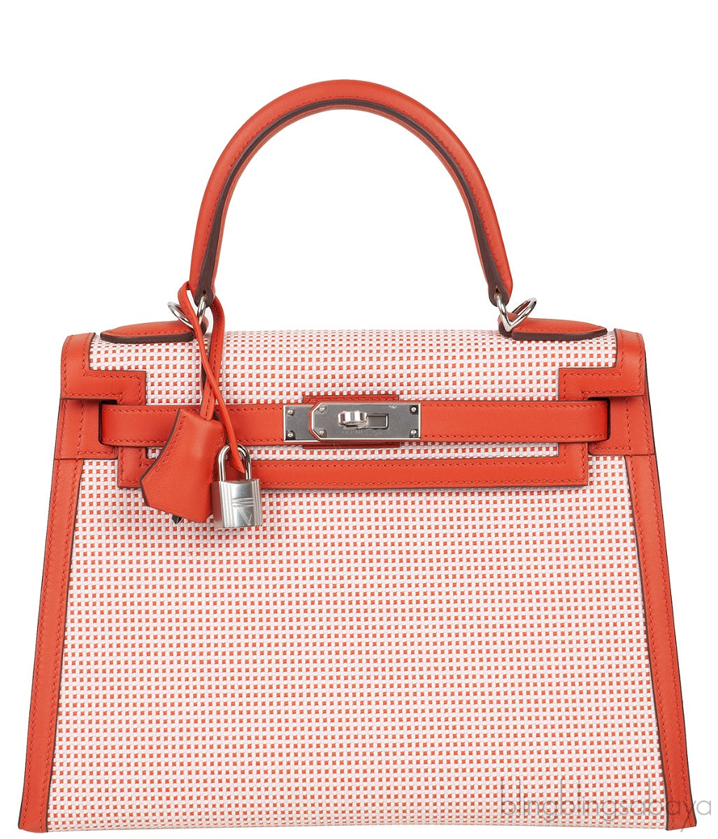 Kelly 28 Sellier Toile Quadrille Veau Swift Terre Battue-Mauve Sylvester-Blanc