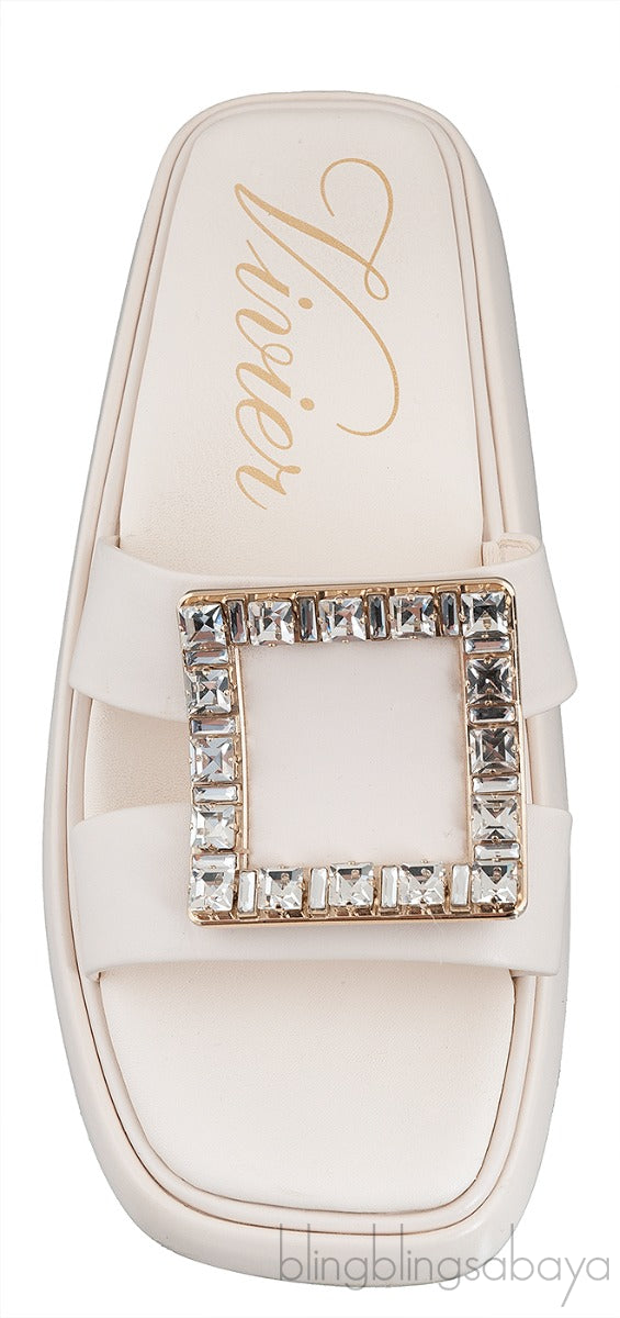 Slide Crystal Buckle Off-white Leather Mule