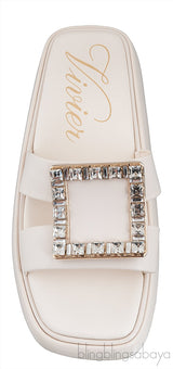 Slide Crystal Buckle Off-white Leather Mule