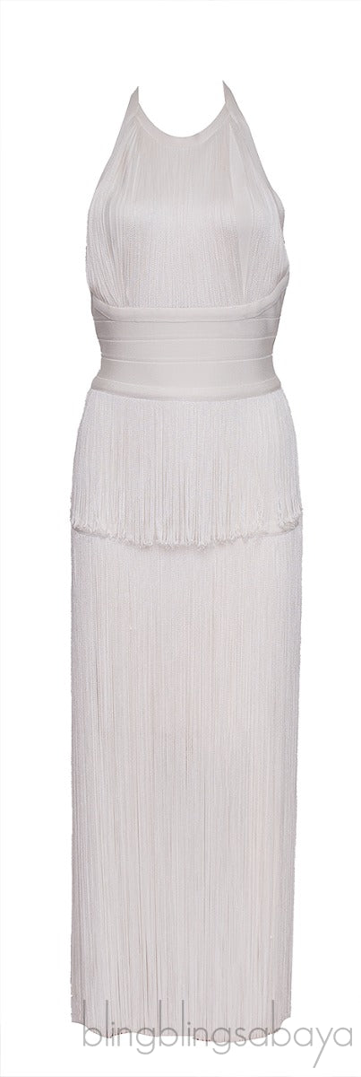 White Fringed Halter Neck Dress