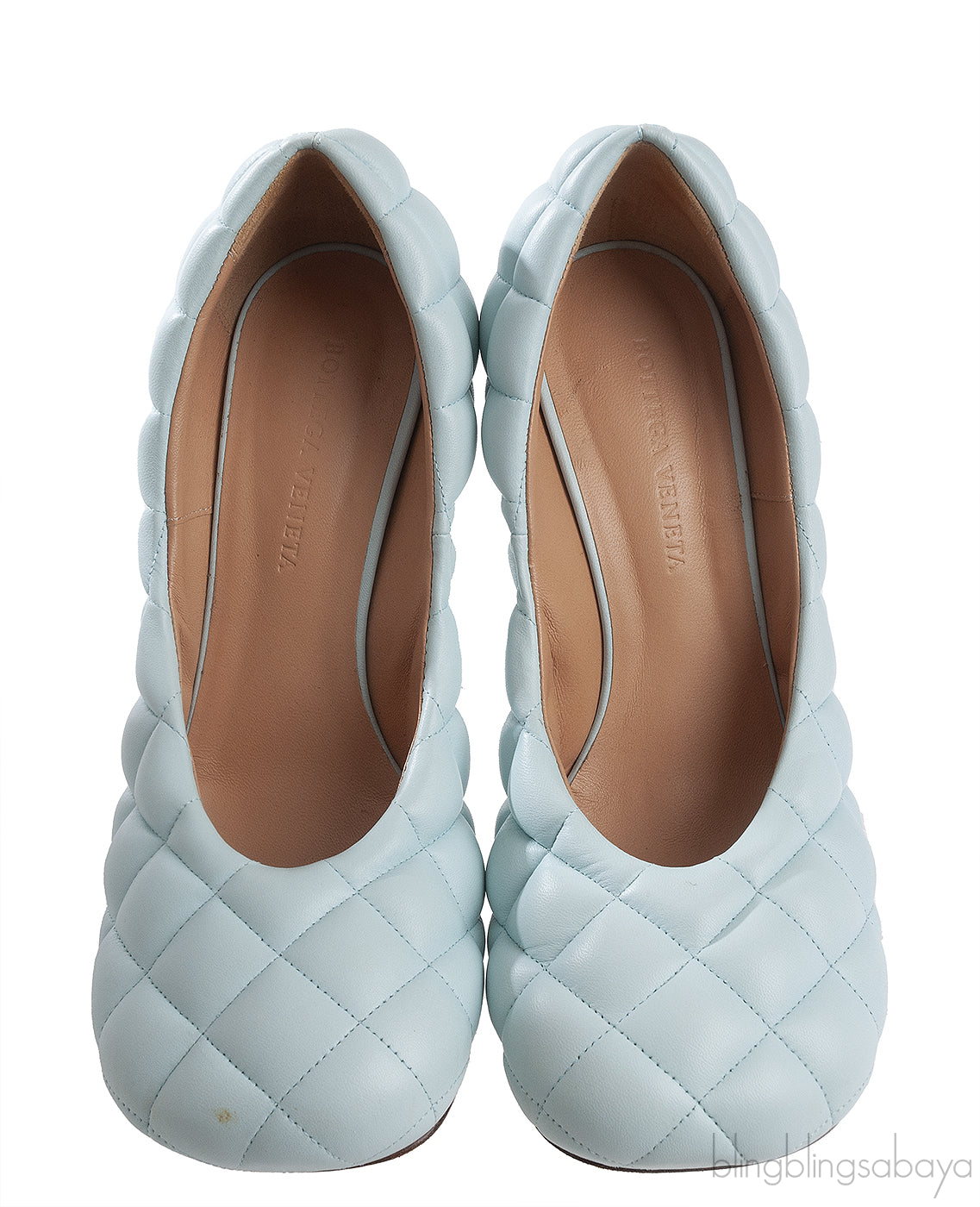 Bottega Veneta Light Blue Padded Block Square Toe Quilted Heels 37.5