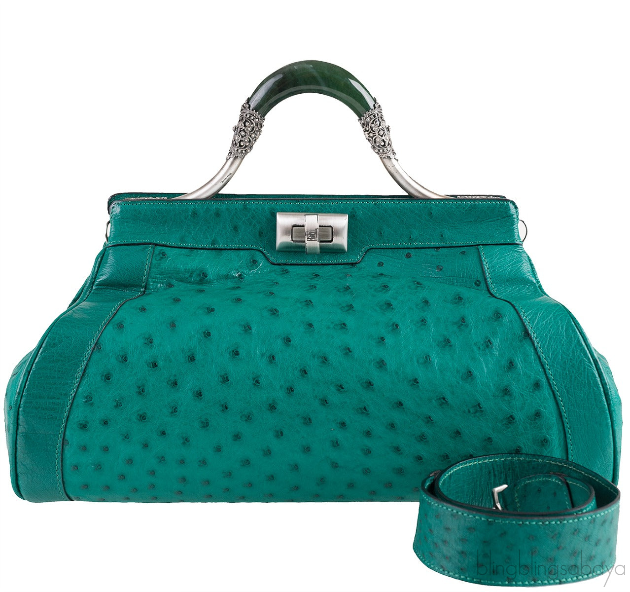 Green Ostrich Jade Handle Bag