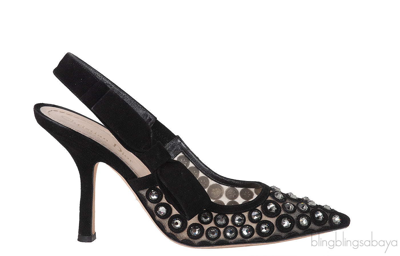 Black Suede Mesh Strass Pointed Toe Heels