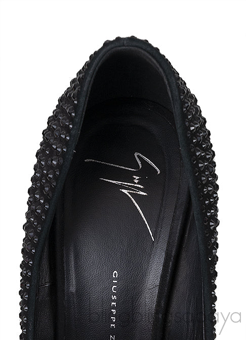 Black Crystal Embellished Peep Toe Heels