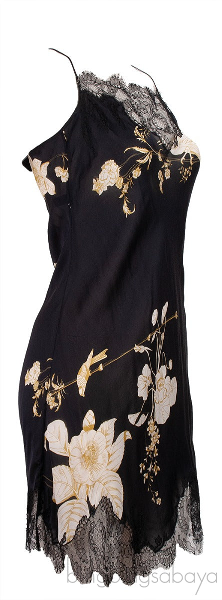 Black Floral Print Lace Trim Cami Dress