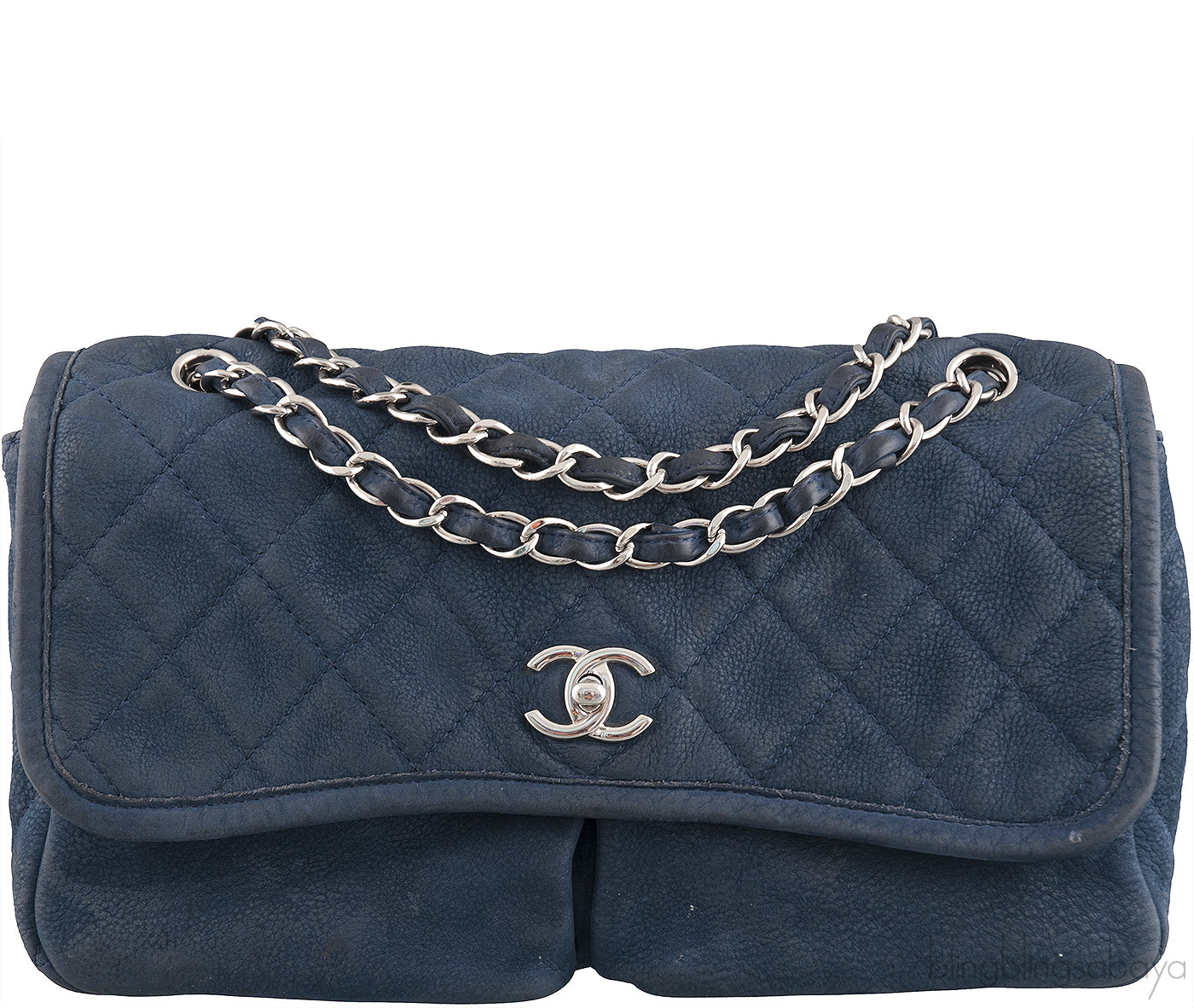 Blue Nubuck Quilted Flap Bag