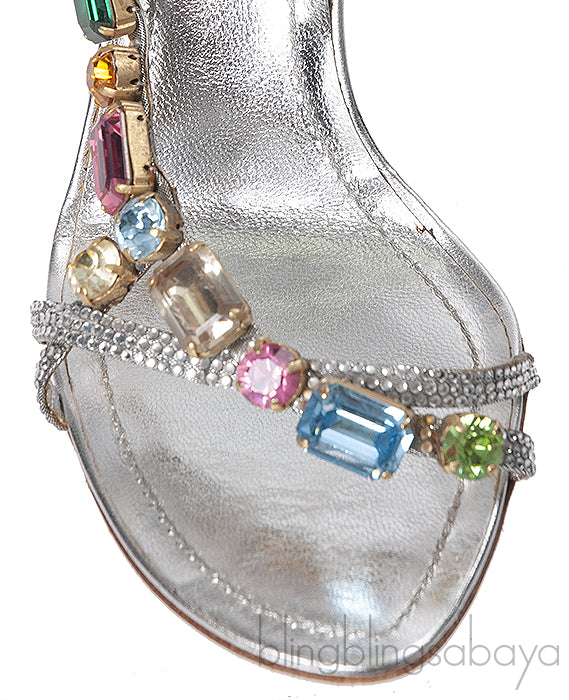 Rene Caovilla Metallic Silver Crystal Embellished Sandals