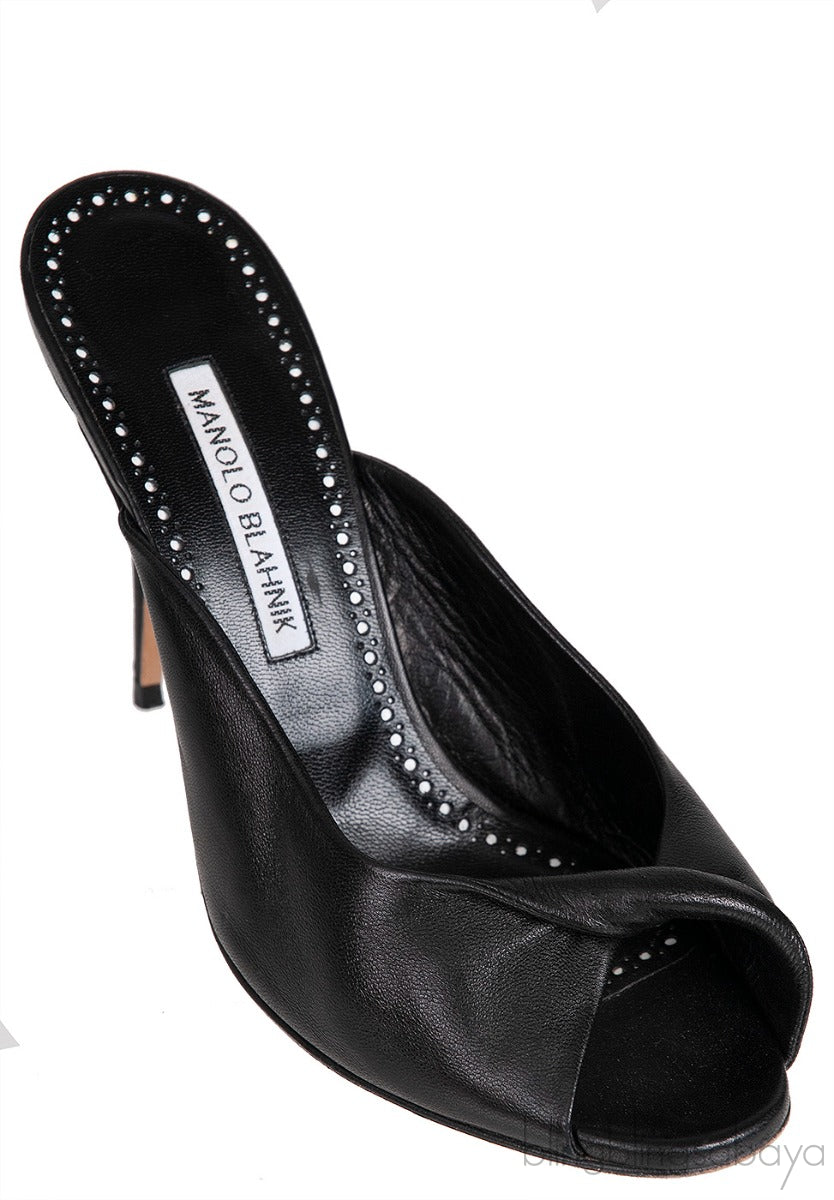 Black Leather Twisted Vamp Peep Toe Mule