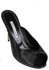 Black Leather Twisted Vamp Peep Toe Mule