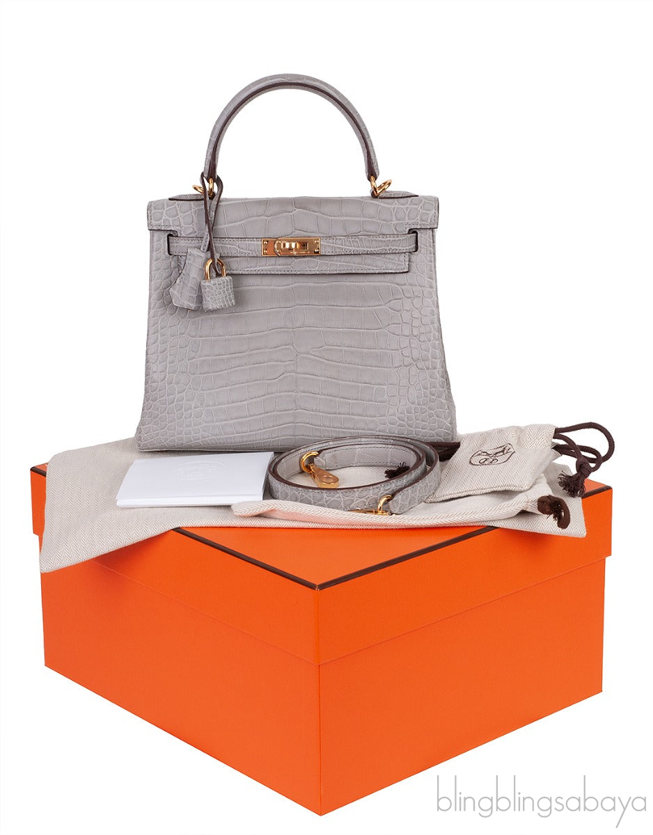 Hermes Special Order Kelly 25 Matte Gris Perle Crocodile and Toffee GHW