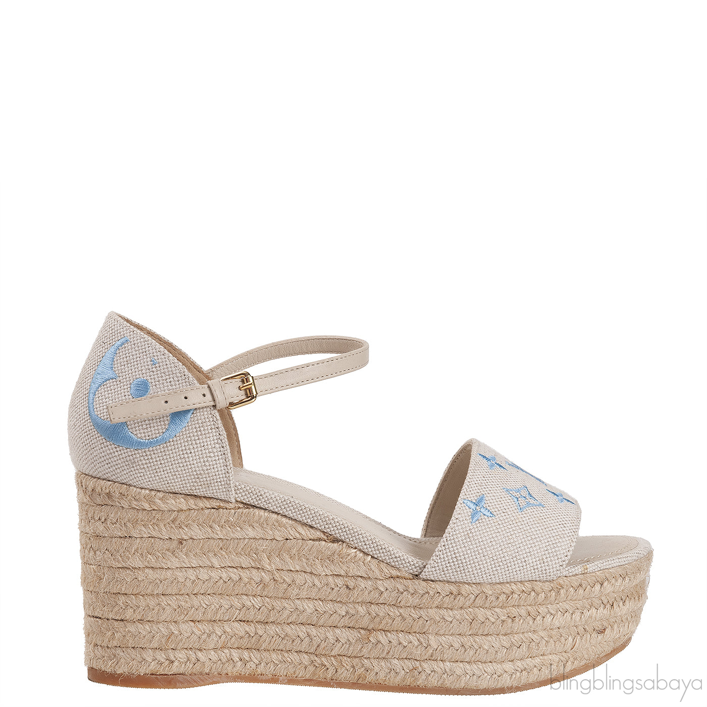 Light Blue/Beige Canvas Monogram Starboard Espadrille Wedge Sandals